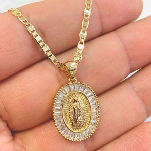 Virgen de Guadalupe Pendant Necklace CZ Stones for Womens Mens 22x17mm in Gold F